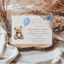 Invitación Flor de globo de Baby Shower Rustic Blue Teddy Bea