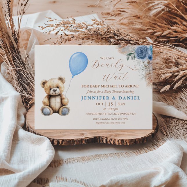 Invitación Flor de globo de Baby Shower Rustic Blue Teddy Bea (Subido por el creador)