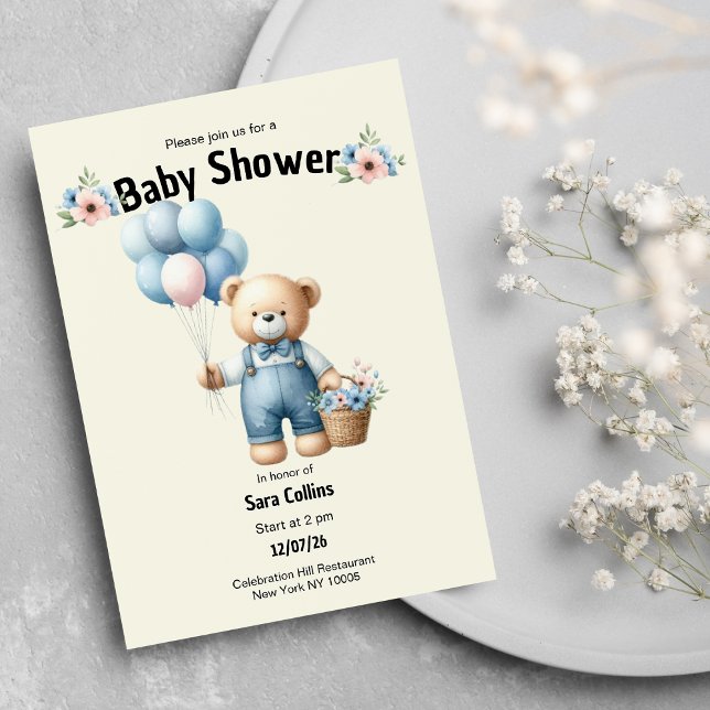 Invitación Flor de globo de oso de peluche marrón de marfil B (Ivory brown teddy bear balloons flower Baby Shower)