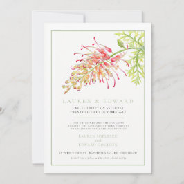 Invitación Flor de grevillea acuarela boda blanco verde