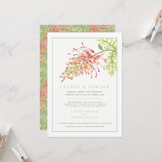 Invitación Flor de grevillea acuarela boda blanco verde (Anverso/Reverso In Situ)