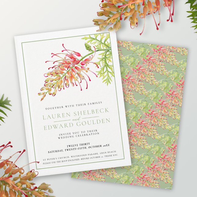 Invitación Flor de grevillea acuarela boda blanco verde en (Subido por el creador)