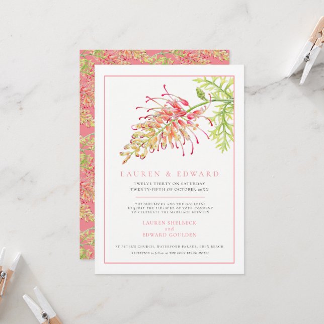 Invitación Flor de grevillea acuarela boda coral blanco (Anverso/Reverso In Situ)