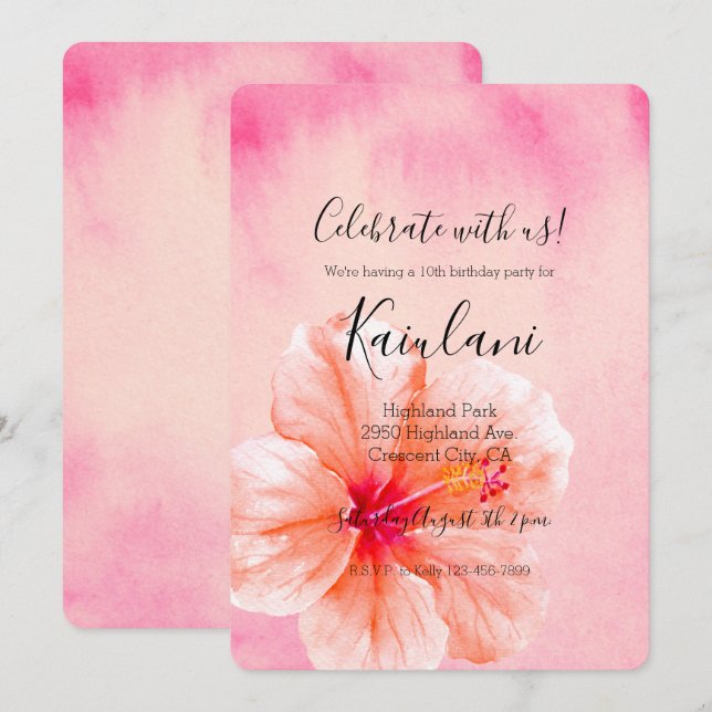 Invitación Flor de Hibiscus Trópico de Peach Rosa (Anverso / Reverso)