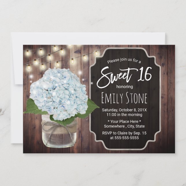 Invitación Flor de hidrangea azul rustica Mason Jar Sweet 16 (Anverso)