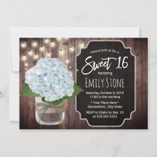 Invitación Flor de hidrangea azul rustica Mason Jar Sweet 16