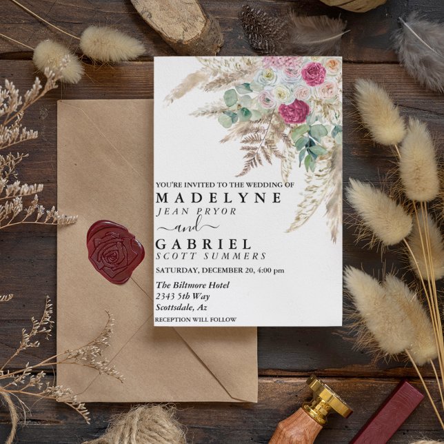 Invitación Flor de hierba de Pampas Rosa Acuarela Boho Terren (Subido por el creador)
