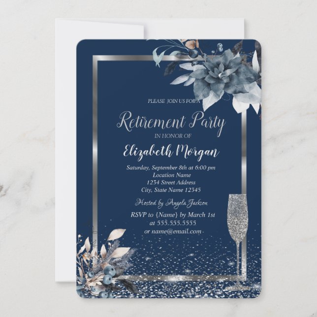 Invitación Flor de invierno de confetti de marco Retirada de  (Anverso)