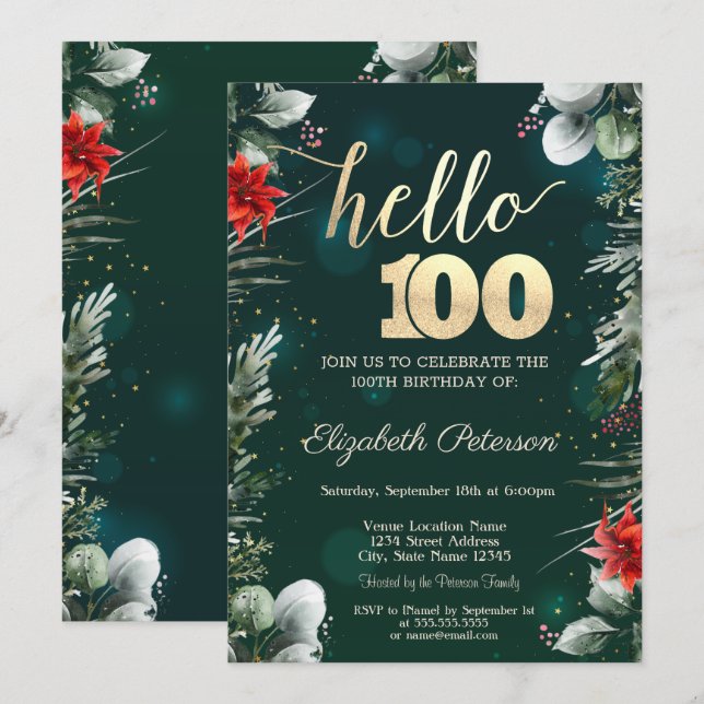 Invitación Flor de invierno Poinsettia Green 100 cumpleaños (Anverso / Reverso)