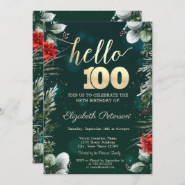 Invitación Flor de invierno Poinsettia Green 100 cumpleaños