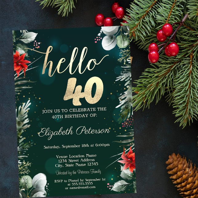 Invitación Flor de invierno Poinsettia Green 40 cumpleaños (Subido por el creador)