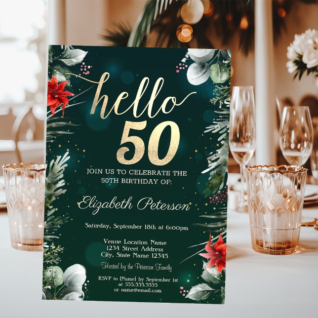 Invitación Flor de invierno Poinsettia Green 50 cumpleaños (Subido por el creador)