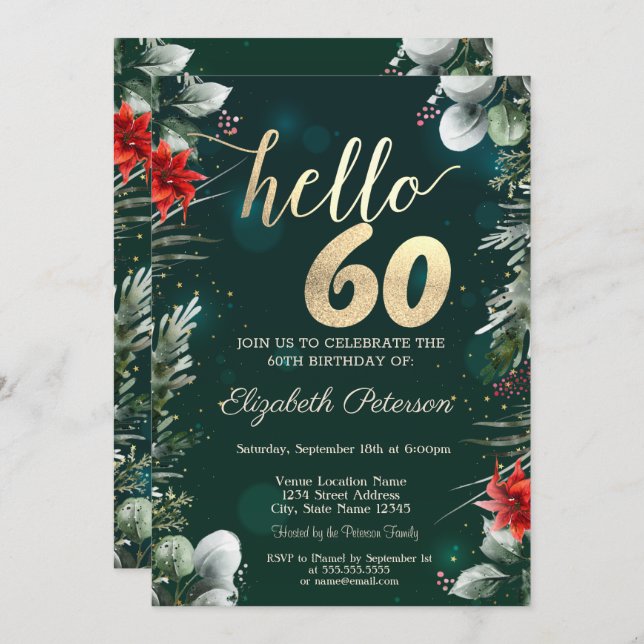 Invitación Flor de invierno Poinsettia Green 60 cumpleaños (Anverso / Reverso)