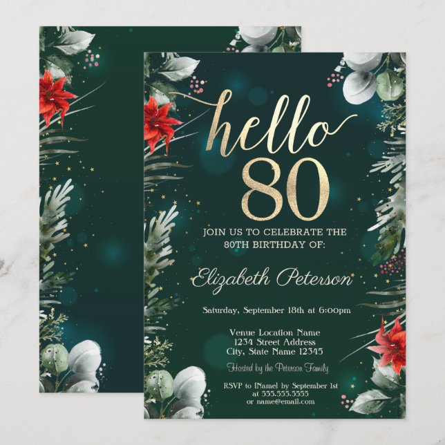 Invitación Flor de invierno Poinsettia Green 80 cumpleaños (Anverso / Reverso)