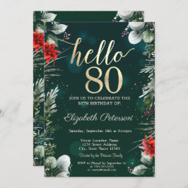Invitación Flor de invierno Poinsettia Green 80 cumpleaños