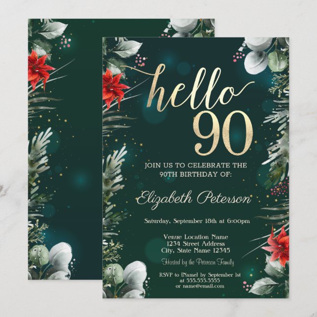 Invitación Flor de invierno Poinsettia Green 90 cumpleaños (Anverso / Reverso)