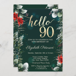 Invitación Flor de invierno Poinsettia Green 90 cumpleaños
