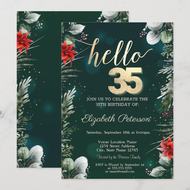 Invitación Flor de invierno Poinsettia Verde 35 cumpleaños (Anverso / Reverso)
