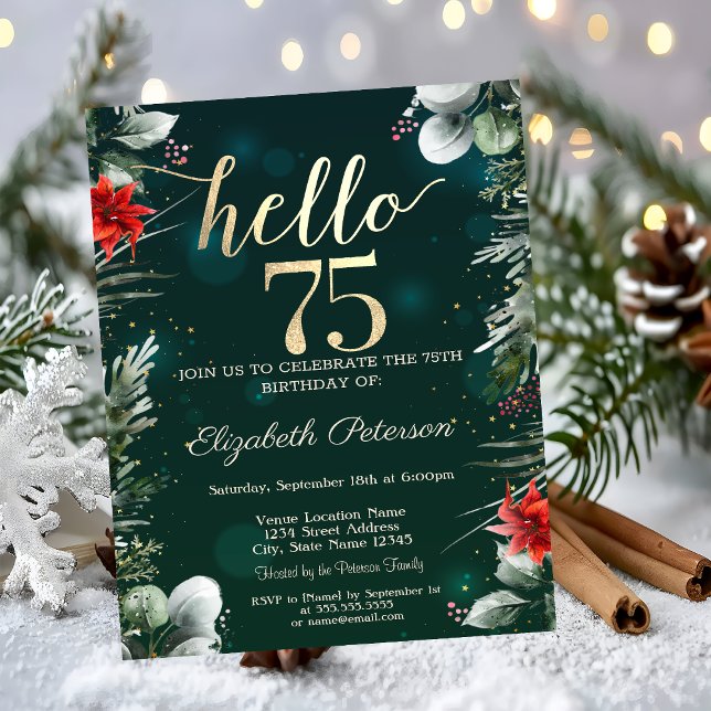 Invitación Flor de invierno Poinsettia Verde 75 cumpleaños (Subido por el creador)