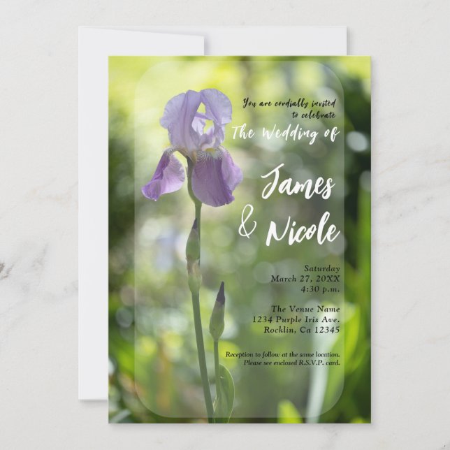 Invitación Flor de Iris Púrpura Boda de Primavera Verde (Anverso)