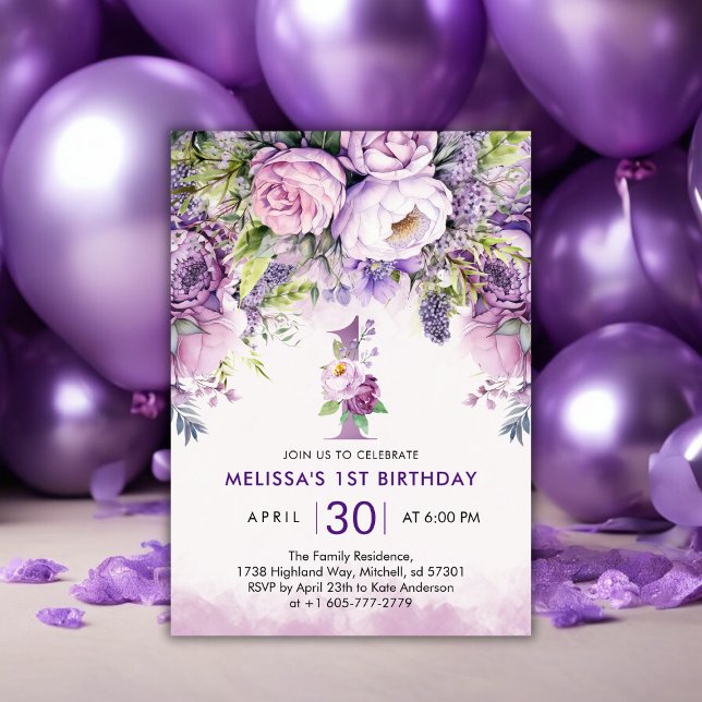Invitación Flor de jardín rosa y lino francés 1º cumpleaños (Purple & Pink Garden Flowers Girl 1st Birthday Invitation)