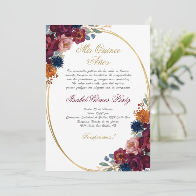 Invitación Flor de jewel Español Quinceañera (Anverso de pie)