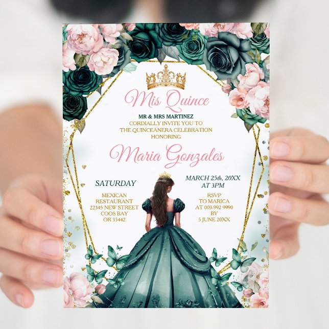 Invitación Flor de la Corona de Oro Verde Rosa Quinceañera Em (Subido por el creador)