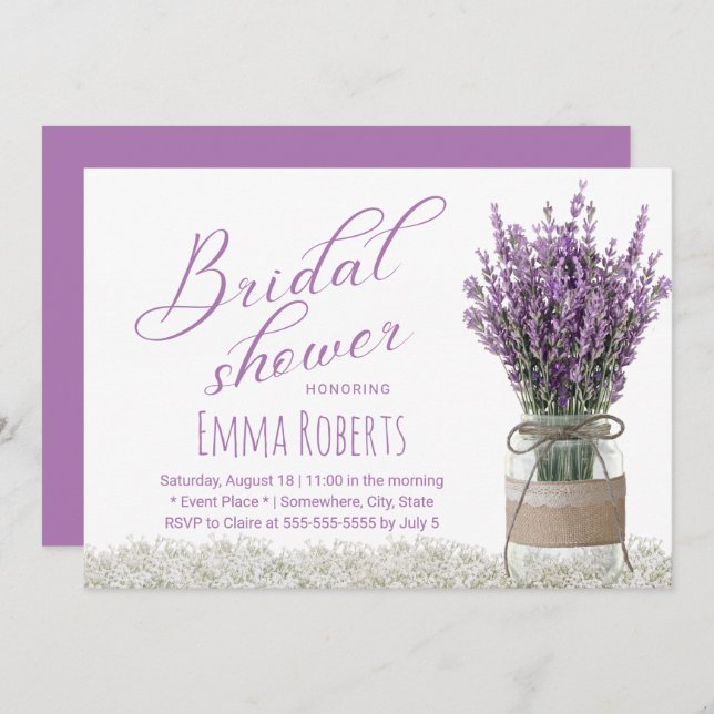 Invitación Flor de lavanda clásica Mason Jar Bridal Shower (Anverso / Reverso)