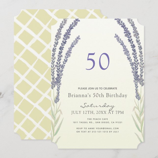 Invitación Flor de lavanda estriba amarillo 50 cumpleaños (Anverso / Reverso)