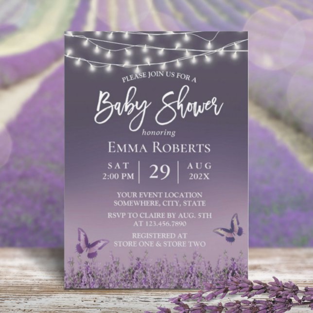 Invitación Flor de lavanda Mariposa Morado Ombre Baby Shower (Subido por el creador)