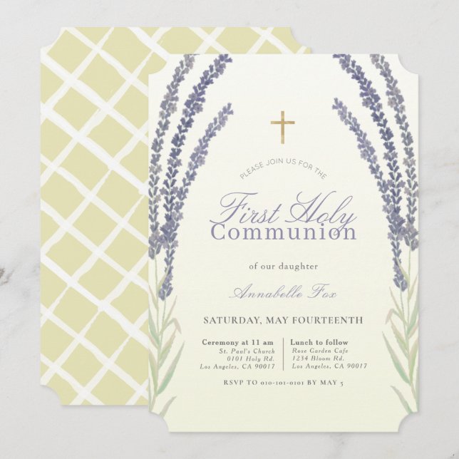 Invitación Flor de lavanda Prima de Amarillo Primera Comunión (Anverso / Reverso)