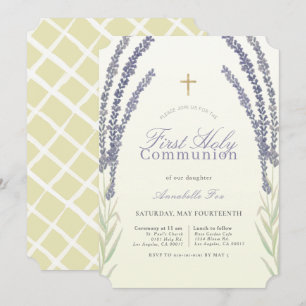 Invitación Flor de lavanda Prima de Amarillo Primera Comunión