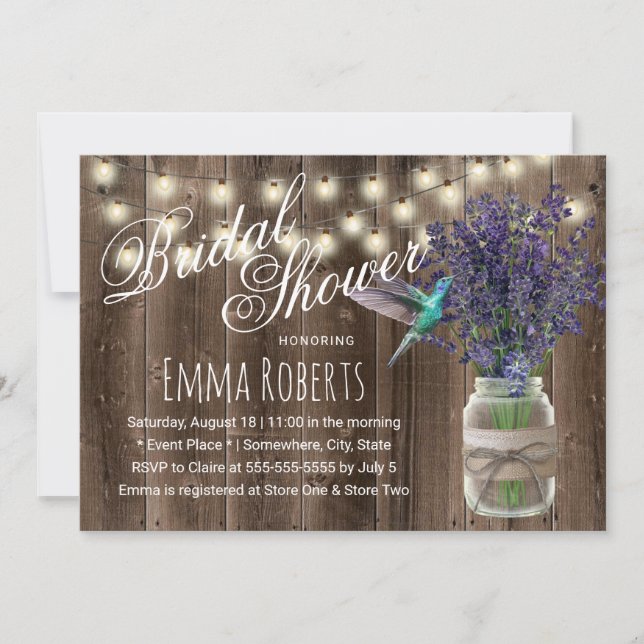 Invitación Flor de lavanda rústica y ducha de novia Hummingbi (Anverso)