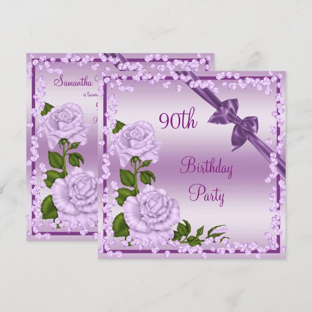 Invitación Flor de Lilac, arcos y diamantes 90º cumpleaños (Anverso / Reverso)