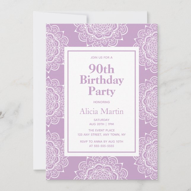 Invitación Flor de Lilac y Mandala Blanca 70 cumpleaños (Anverso)