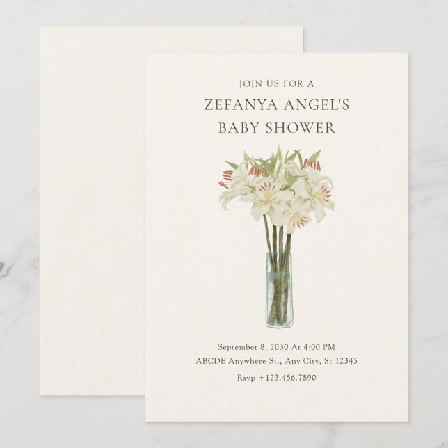 Invitación Flor de lirio beige en jarrón ducha de bebé minima (Anverso / Reverso)