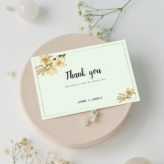 Invitación Flor de lirio blanco verde de marfil de oro Gracia (Gold ivory mint green white lily flower Thank You)