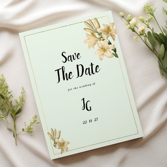 Invitación Flor de lirio verde de hierba de marfil de oro Sav (Gold ivory mint green lily flower Save The Date)