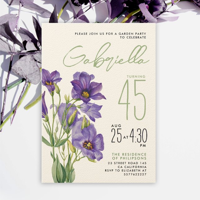 Invitación Flor de Lisianthus Púrpura Verde Sage Simple Y Ele (Subido por el creador)