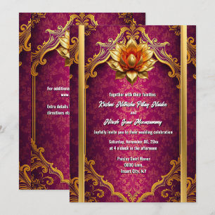 Invitación Flor de loto ciruela dorada hindú boda hindú elega