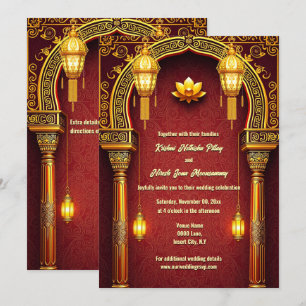 Invitación Flor de loto dorado rojo elefantes indios elegante