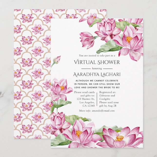 Invitación Flor de Loto en Acuarela Ducha Virtual India (Anverso / Reverso)