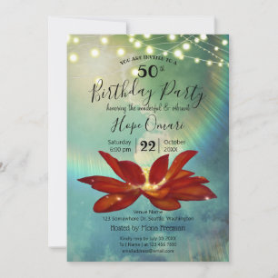Invitación Flor de Loto Roja Fiesta de Cumpleaños Azul 50