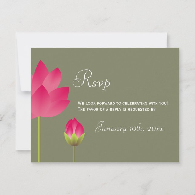 Invitación Flor de loto rosa rojo respuesta rsvp de boda verd (Anverso)