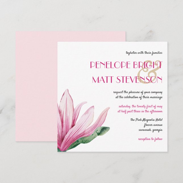 Invitación Flor De Magnolia Rosa En Boda De Bloom (Anverso / Reverso)