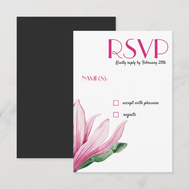 Invitación Flor de magnolia rosa en flor | Gris Wedding RSVP (Anverso / Reverso)