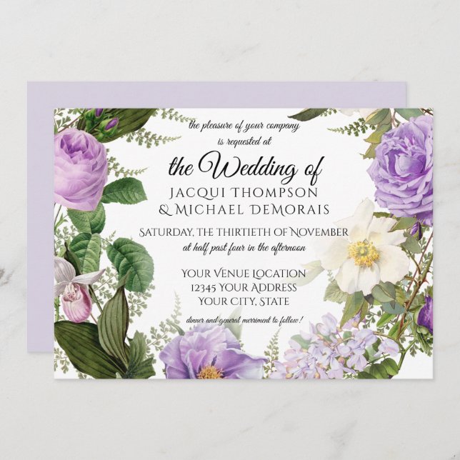 Invitación Flor de marfil morado de lavanda horizontal (Anverso / Reverso)