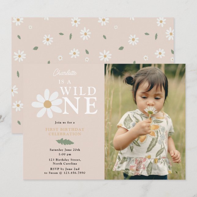 Invitación Flor de margarita, Chica de cumpleaños, Wild One f (Anverso / Reverso)