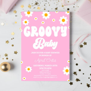 Invitación Flor de margarita rosada Groovy Baby Baby Shower
