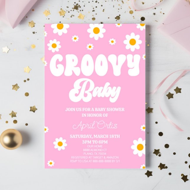 Invitación Flor de margarita rosada Groovy Baby Baby Shower (Subido por el creador)